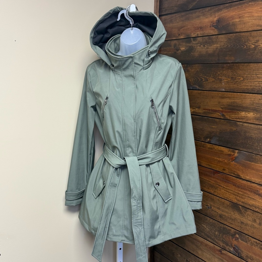 Nautica Women's Green Hooded Jacket raincoat Size L multi length wear with belt